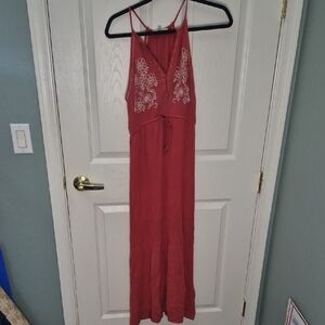 Papaya Red Maxi Dress with Embroidered Accents